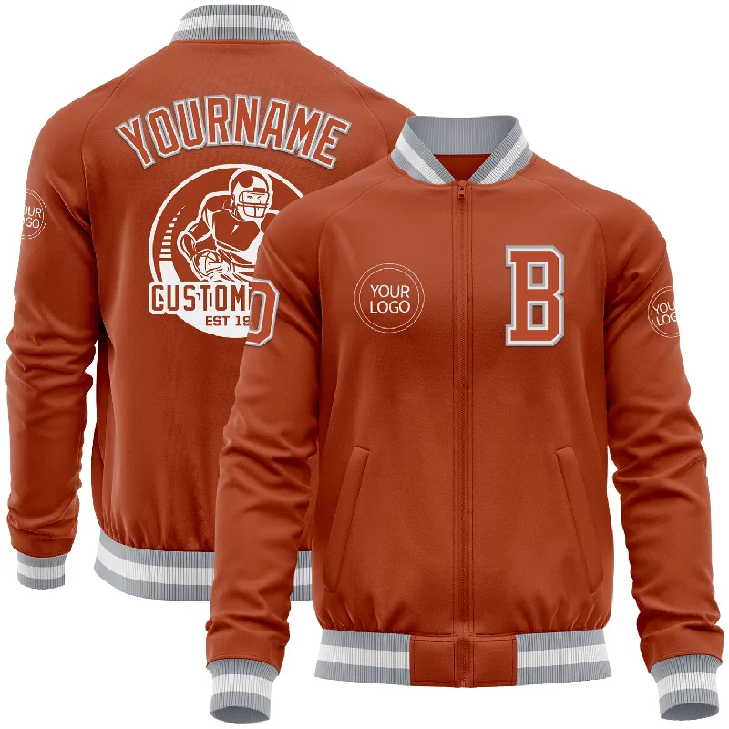 Trendy Cropped Bomber Jacket for Youthful Fashion-Custom Texas Orange White-Gray Bomber Varsity Letterman Zipper Jacket