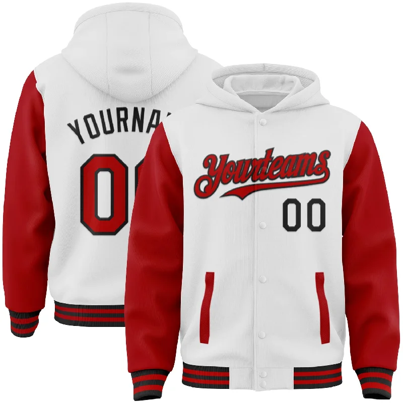 Versatile Hoodie for Layering in Any Season-Custom White Red-Black Bomber Full-Snap Varsity Letterman Two Tone Hoodie Jacket