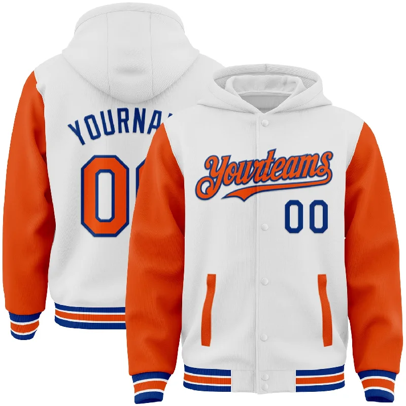 Comfortable Hoodie for Traveling in Style-Custom White Orange-Royal Bomber Full-Snap Varsity Letterman Two Tone Hoodie Jacket