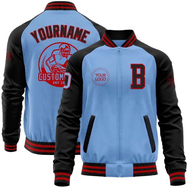 Insulated Wool Jacket for Winter Warmth-Custom Light Blue Red-Black Bomber Varsity Letterman Two Tone Zipper Jacket