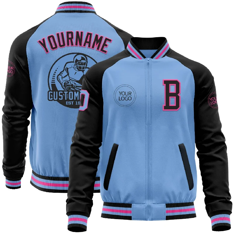 Stylish Anorak Jacket for Windy Days-Custom Light Blue Pink-Black Bomber Varsity Letterman Two Tone Zipper Jacket