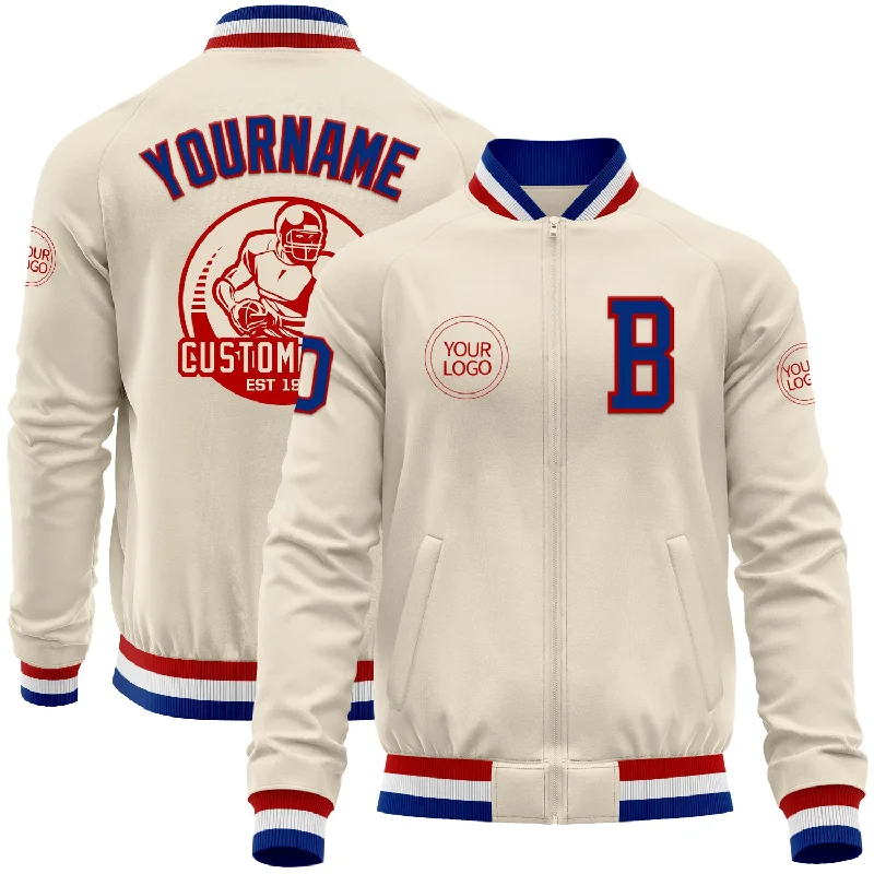 Sporty Zip-Up Jacket for Active Lifestyles-Custom Cream Royal Red-White Bomber Varsity Letterman Zipper Jacket