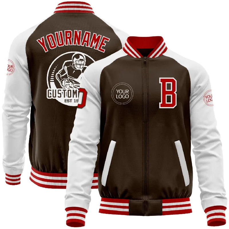 Soft Fleece Jacket for Cozy Layering-Custom Brown Red-White Bomber Varsity Letterman Two Tone Zipper Jacket