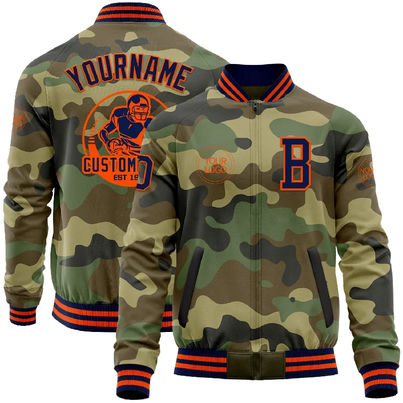 Modern Tech Jacket for Winter Protection-Custom Camo Navy-Orange Bomber Varsity Letterman Salute To Service Zipper Jacket