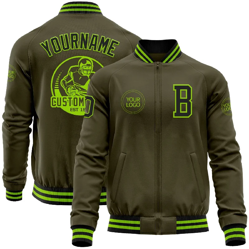 Casual Canvas Jacket for Everyday Wear-Custom Olive Black-Neon Green Bomber Varsity Letterman Salute To Service Zipper Jacket