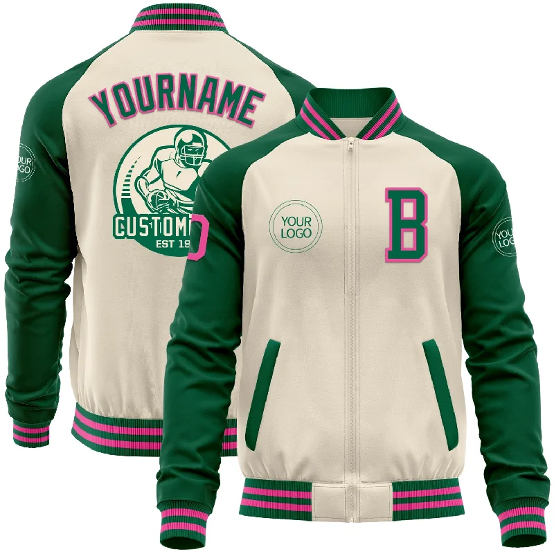 Elegant Fur-Lined Jacket for Luxury Wear-Custom Cream Pink-Kelly Green Bomber Varsity Letterman Two Tone Zipper Jacket