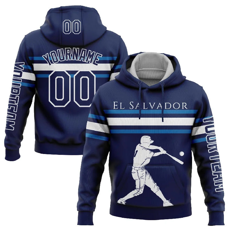 Bold Printed Hoodie for Fashion-Forward Statements-Custom Stitched Navy Blue-White 3D El Salvador El Salvadoran Flag Sports Pullover Sweatshirt Hoodie