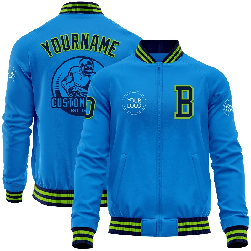 Classic High Collar Jacket for Cold Days-Custom Powder Blue Navy-Neon Green Bomber Varsity Letterman Zipper Jacket