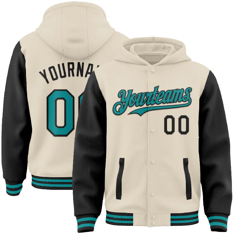 Stylish Hooded Pullover for Casual Outfits-Custom Cream Teal-Black Bomber Full-Snap Varsity Letterman Two Tone Hoodie Jacket