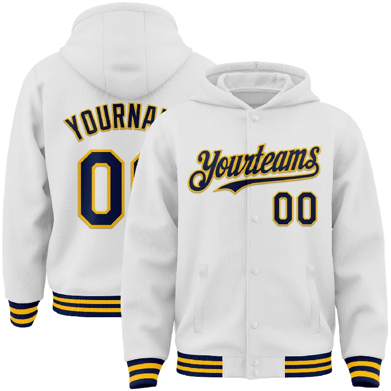 Casual Hoodie for Every Season-Custom White Navy-Gold Bomber Full-Snap Varsity Letterman Hoodie Jacket