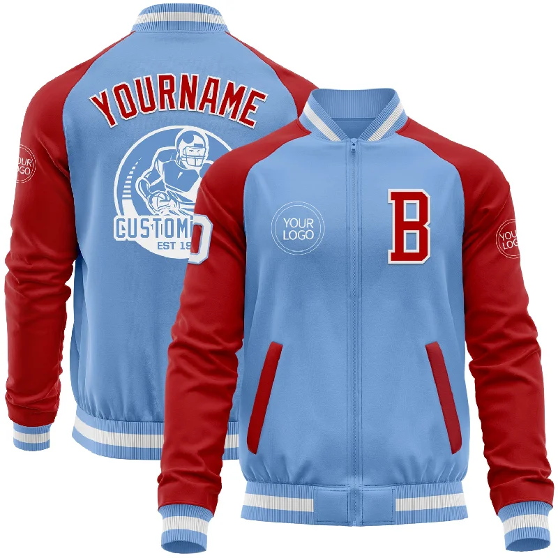 Trendy Utility Jacket with Multiple Pockets-Custom Light Blue White-Red Bomber Varsity Letterman Two Tone Zipper Jacket