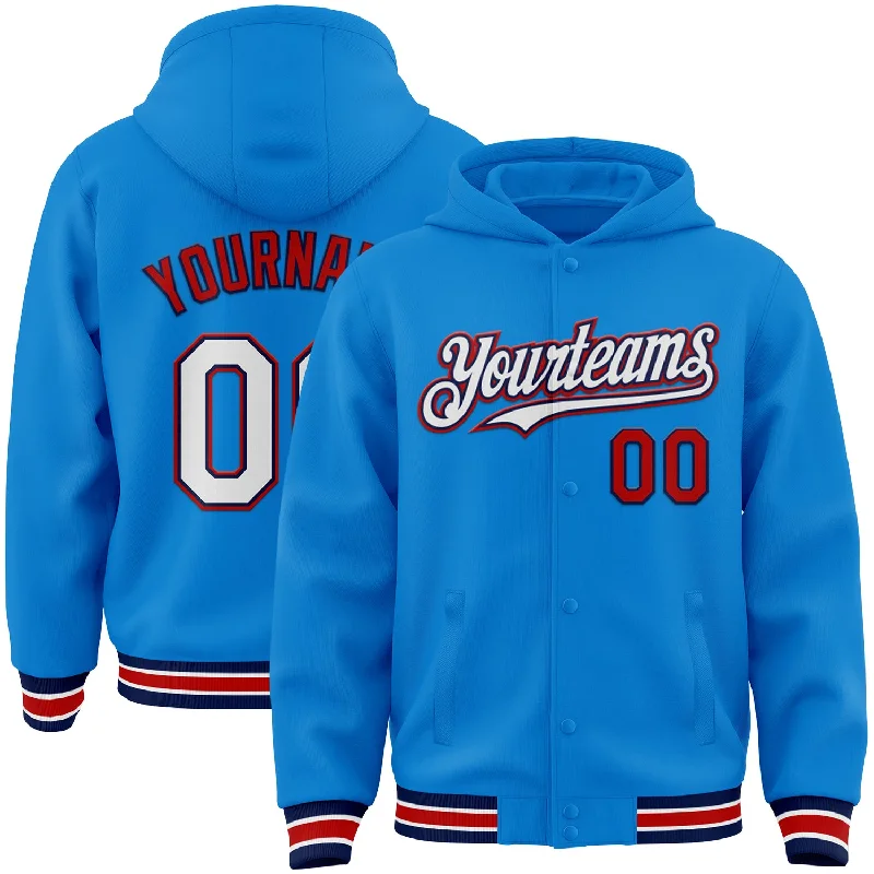 Casual Hoodie for Everyday Wear-Custom Powder Blue Navy-Red Bomber Full-Snap Varsity Letterman Hoodie Jacket