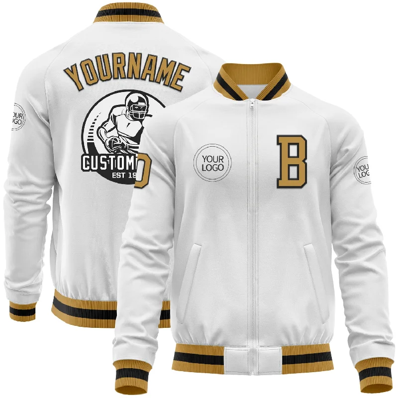 Sporty Baseball Jacket for Casual Outfits-Custom White Old Gold-Black Bomber Varsity Letterman Zipper Jacket