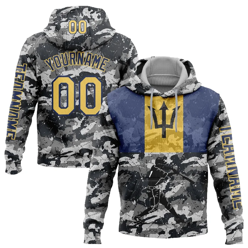 Soft Hooded Sweatshirt for Comfort and Style-Custom Stitched Camo Yellow-Navy 3D Barbados Barbadian Flag Sports Pullover Sweatshirt Salute To Service Hoodie