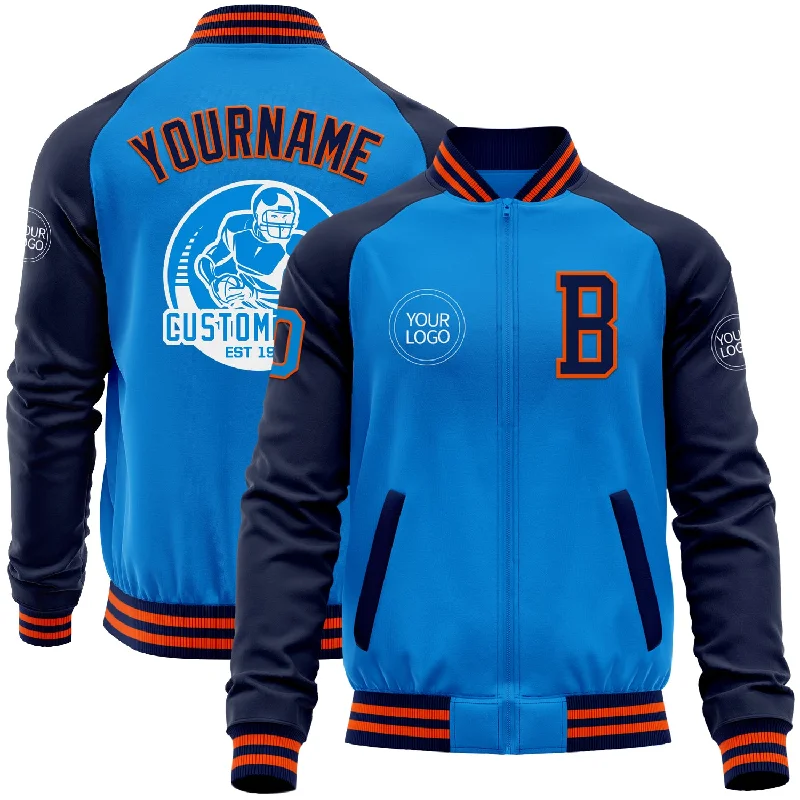 Cozy Fleece Jacket for Outdoor Comfort-Custom Powder Blue Orange-Navy Bomber Varsity Letterman Two Tone Zipper Jacket