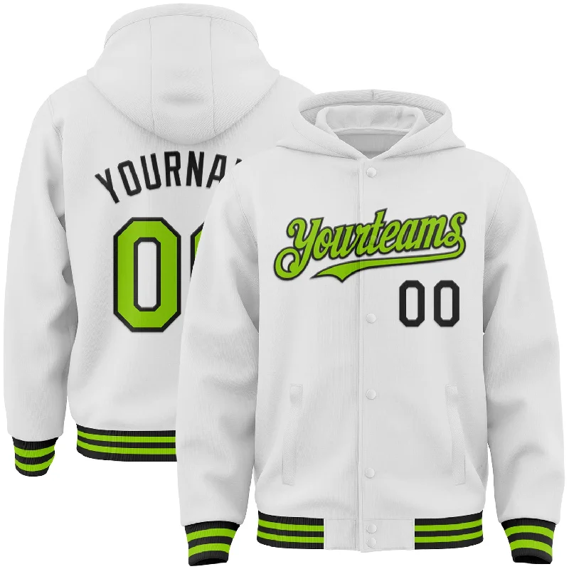 Bold Printed Hoodie for Fashion-Forward Statements-Custom White Neon Green-Black Bomber Full-Snap Varsity Letterman Hoodie Jacket