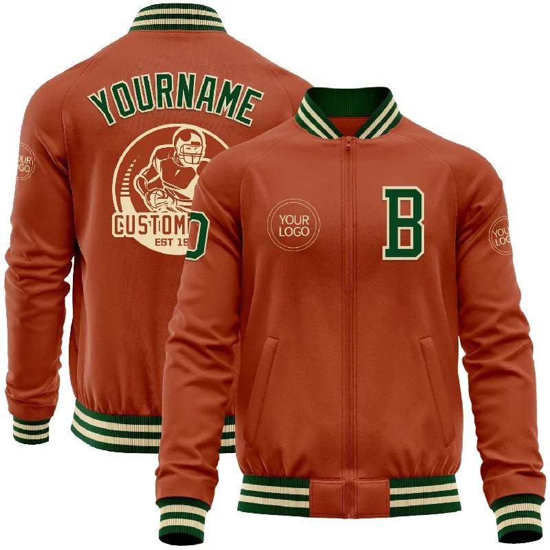 Sporty Zip-Up Jacket for Active Lifestyles-Custom Texas Orange Green-Cream Bomber Varsity Letterman Zipper Jacket