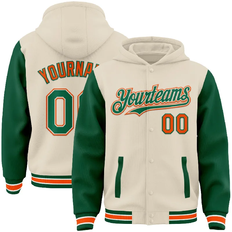 Modern Hoodie with Urban Design for Cool Look-Custom Cream Kelly Green Orange-White Bomber Full-Snap Varsity Letterman Two Tone Hoodie Jacket