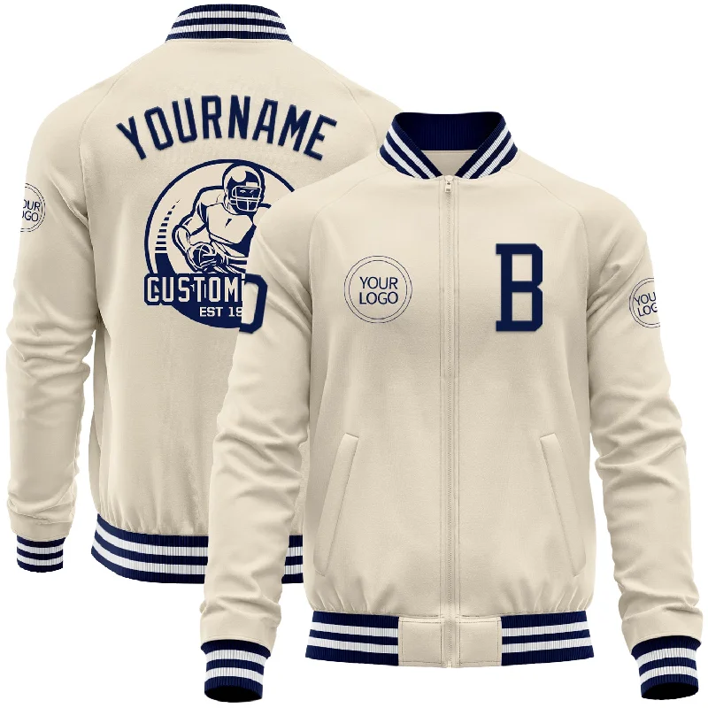 Trendy Bomber Jacket with Patches for Unique Look-Custom Cream Navy-White Bomber Varsity Letterman Zipper Jacket