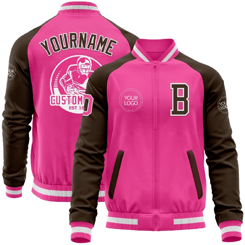 Soft Wool Jacket for Elegant Style-Custom Pink White-Brown Bomber Varsity Letterman Two Tone Zipper Jacket