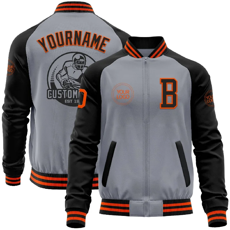 Sleek Faux Leather Jacket for Fashion-Forward Style-Custom Gray Orange-Black Bomber Varsity Letterman Two Tone Zipper Jacket