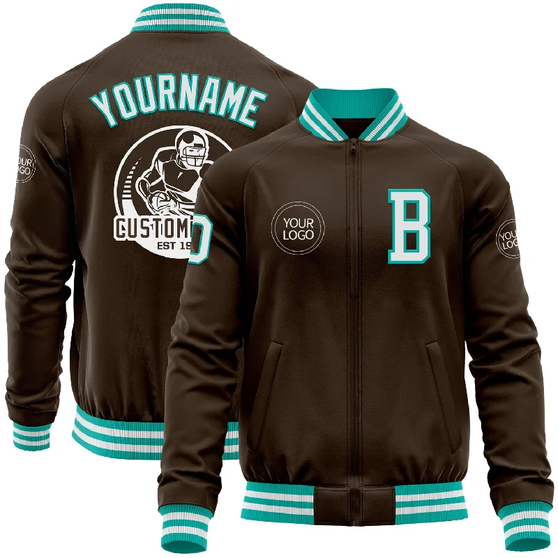 Classic High Collar Jacket for Cold Days-Custom Brown White-Aqua Bomber Varsity Letterman Zipper Jacket