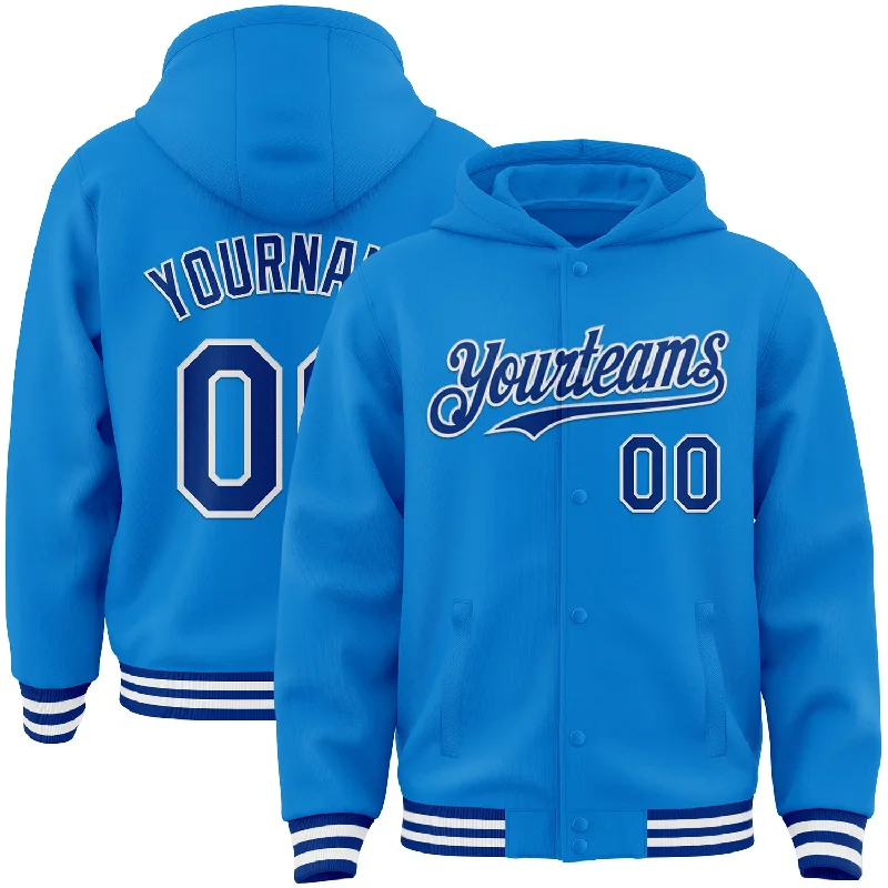 Streetwear Hoodie for Edgy Style-Custom Powder Blue Royal-White Bomber Full-Snap Varsity Letterman Hoodie Jacket