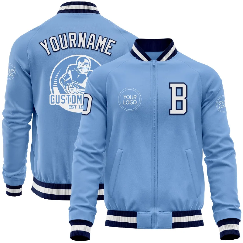 Lightweight Hiking Windbreaker for Active Comfort-Custom Light Blue White-Navy Bomber Varsity Letterman Zipper Jacket