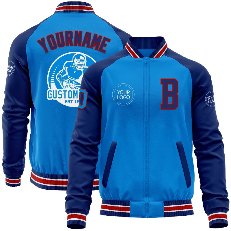 Customizable Jacket for Personalized Style-Custom Powder Blue Red-Royal Bomber Varsity Letterman Two Tone Zipper Jacket