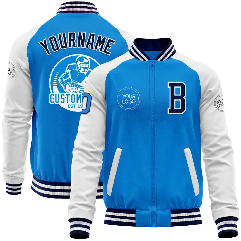 Sleek Faux Leather Jacket for Fashion-Forward Style-Custom Powder Blue Navy-White Bomber Varsity Letterman Two Tone Zipper Jacket