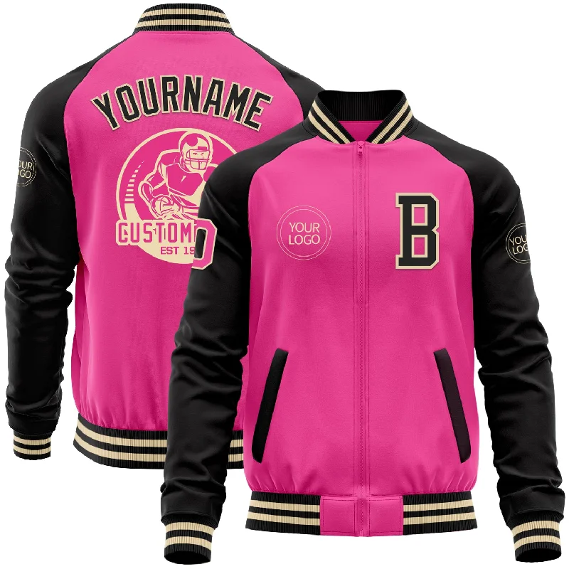 Premium Ski Jacket for Winter Sports-Custom Pink Cream-Black Bomber Varsity Letterman Two Tone Zipper Jacket