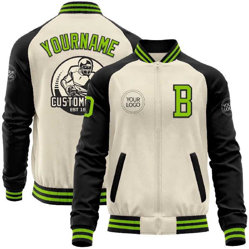 Custom Cream Neon Green-Black Bomber Varsity Letterman Two Tone Zipper Jacket