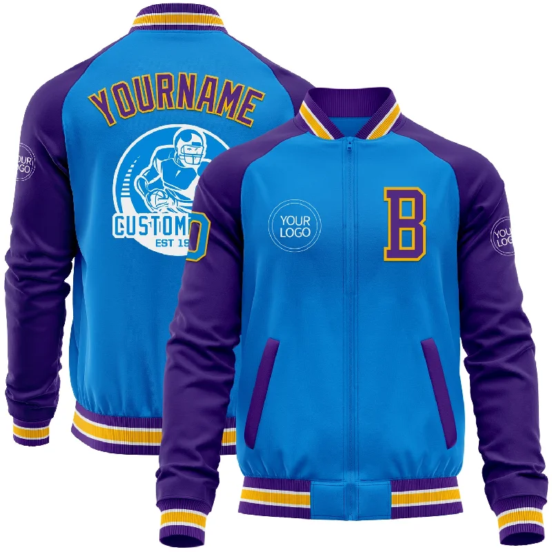 Warm Quilted Winter Jacket for Cold Days-Custom Powder Blue Gold-Purple Bomber Varsity Letterman Two Tone Zipper Jacket