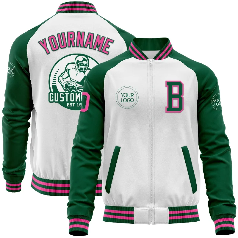 Slim-Fit Cotton Jacket for Easy Layering-Custom White Pink-Kelly Green Bomber Varsity Letterman Two Tone Zipper Jacket