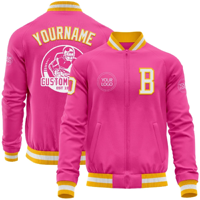 Sporty Baseball Jacket for Casual Outfits-Custom Pink White-Gold Bomber Varsity Letterman Zipper Jacket