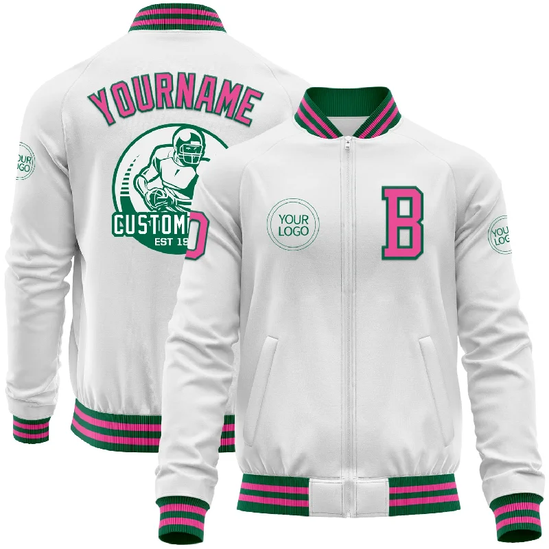 Customizable Jacket for Personalized Style-Custom White Pink-Kelly Green Bomber Varsity Letterman Zipper Jacket