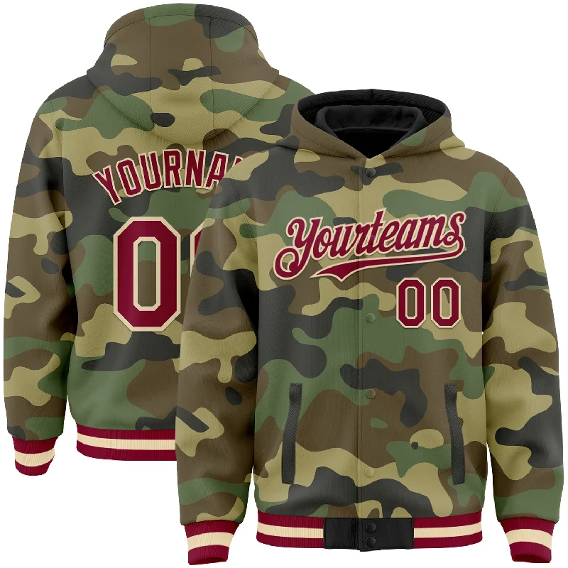 Premium Fleece Hoodie for Softness and Warmth-Custom Camo Maroon-Cream Bomber Full-Snap Varsity Letterman Salute To Service Hoodie Jacket