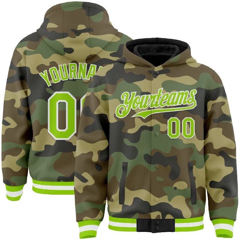 Soft Cotton Hoodie for Relaxing at Home-Custom Camo Neon Green-White Bomber Full-Snap Varsity Letterman Salute To Service Hoodie Jacket