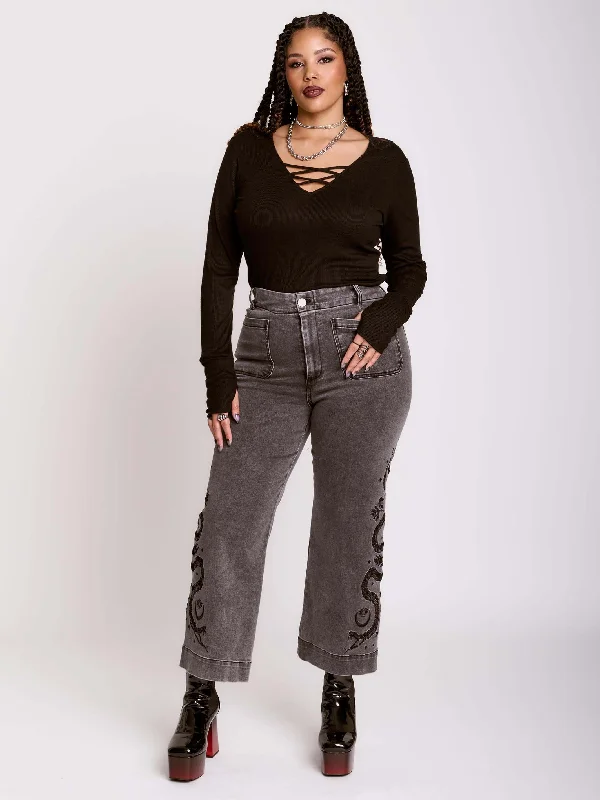 Elegant Pencil Skirt Pants for Work Attire-Distressed Embroidered Jeans