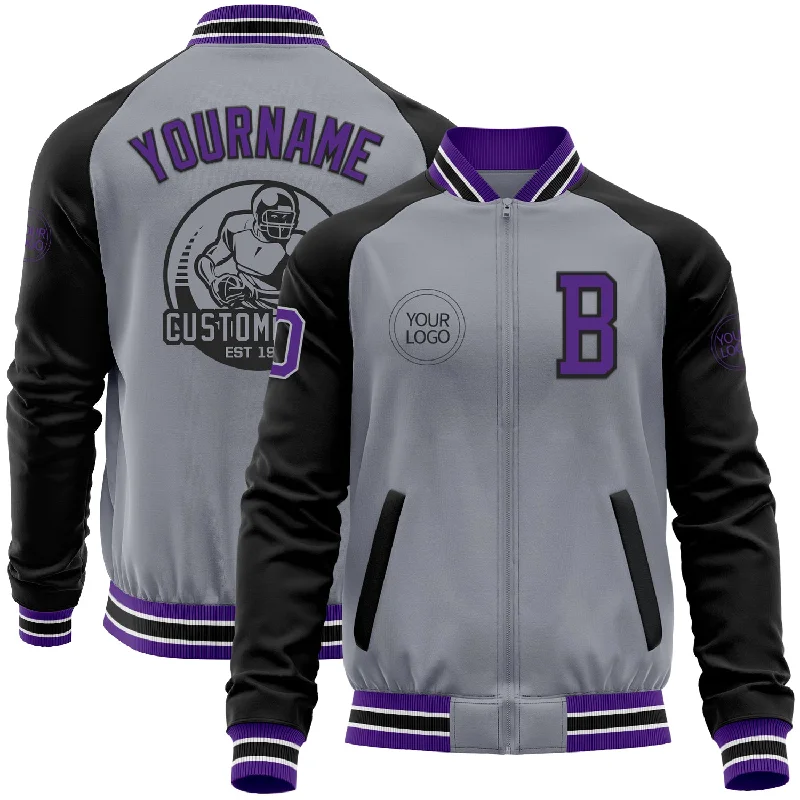 Stylish Utility Jacket for Practical Fashion-Custom Gray Purple-Black Bomber Varsity Letterman Two Tone Zipper Jacket