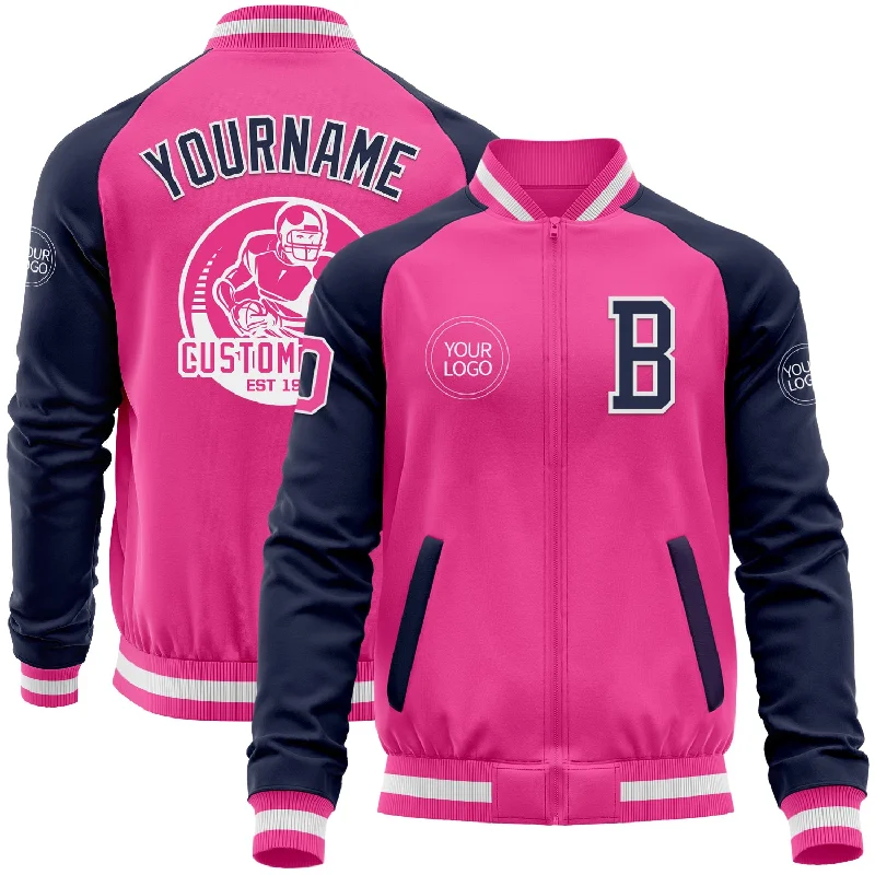 Classic Trench Coat Jacket for Elegant Appeal-Custom Pink White-Navy Bomber Varsity Letterman Two Tone Zipper Jacket