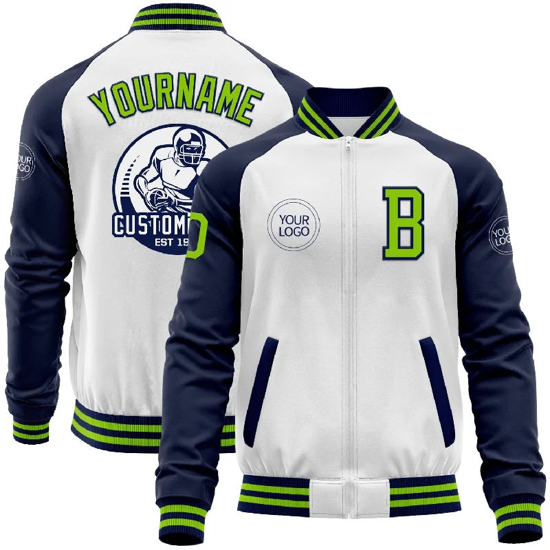 Vintage Work Jacket for Casual Wear-Custom White Neon Green-Navy Bomber Varsity Letterman Two Tone Zipper Jacket