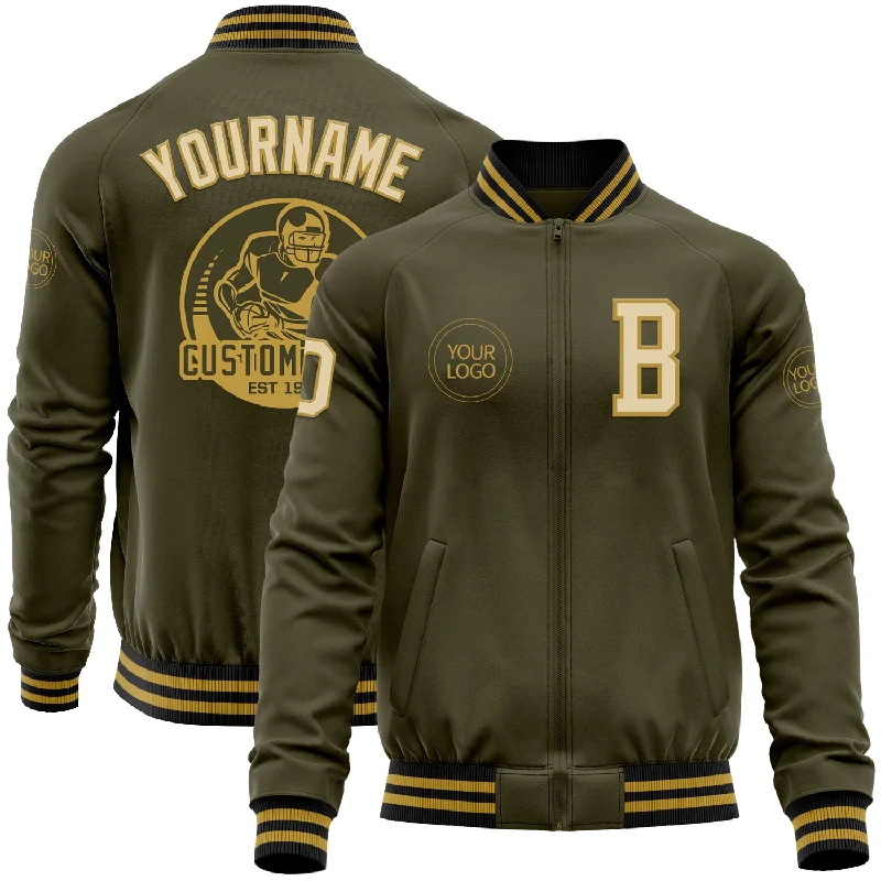 Breathable Running Jacket for Active Movement-Custom Olive Cream Old Gold-Black Bomber Varsity Letterman Salute To Service Zipper Jacket