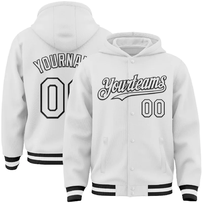 Hoodie with Printed Logo for Sports Fans-Custom White Black Bomber Full-Snap Varsity Letterman Hoodie Jacket