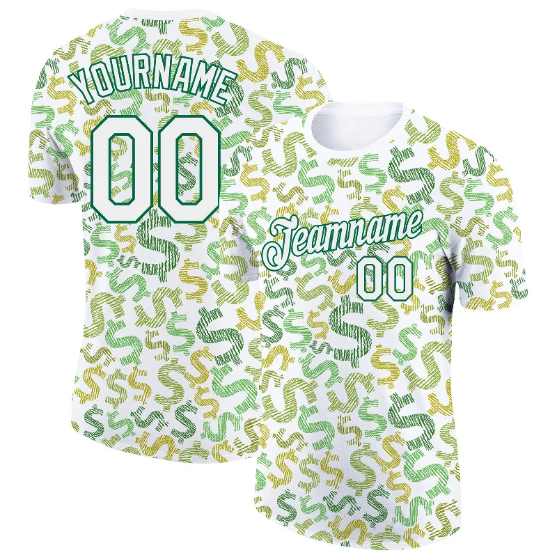 Lightweight Custom T-Shirt for Printing-Custom White Kelly Green 3D Pattern Design Dollar Sign Money Theme Performance T-Shirt