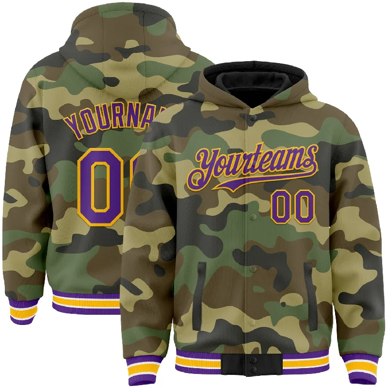 Comfortable Hoodie for All-Day Comfort-Custom Camo Purple-Gold Bomber Full-Snap Varsity Letterman Salute To Service Hoodie Jacket