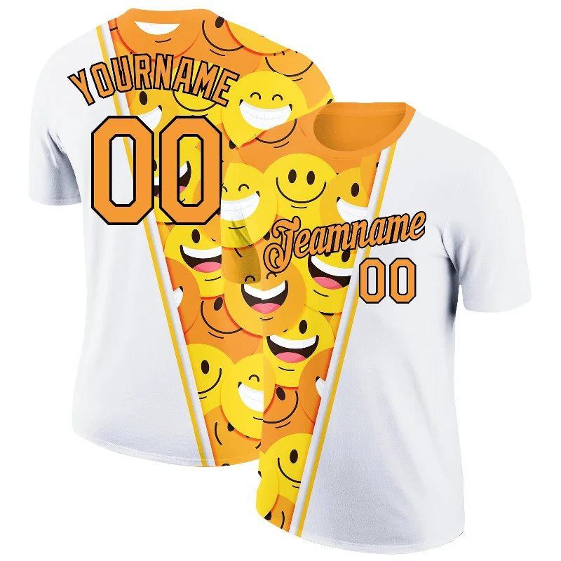 Slim-Fit T-Shirt for Sleek Silhouette-Custom White Bay Orange-Black 3D Pattern Design Smile Emoji Performance T-Shirt