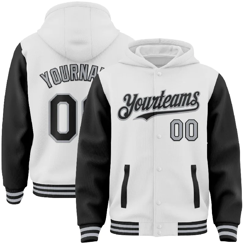 Trendy Zip-Up Hoodie with Colorful Design-Custom White Black-Gray Bomber Full-Snap Varsity Letterman Two Tone Hoodie Jacket