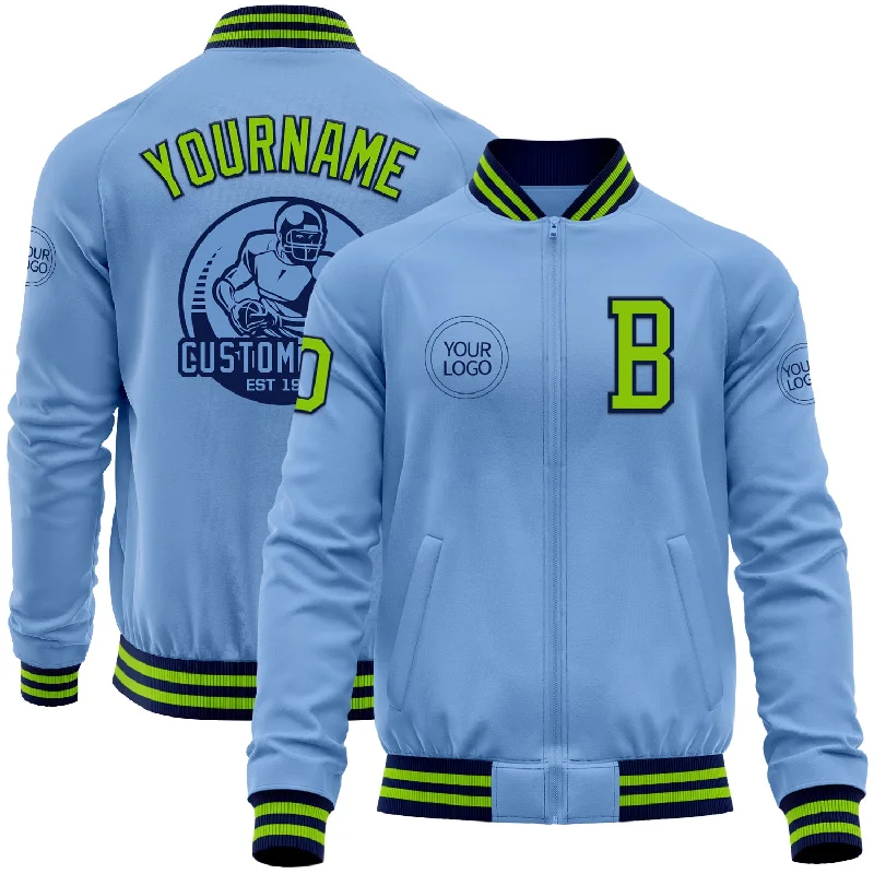 Casual Quilted Jacket for Comfort and Style-Custom Light Blue Neon Green-Navy Bomber Varsity Letterman Zipper Jacket