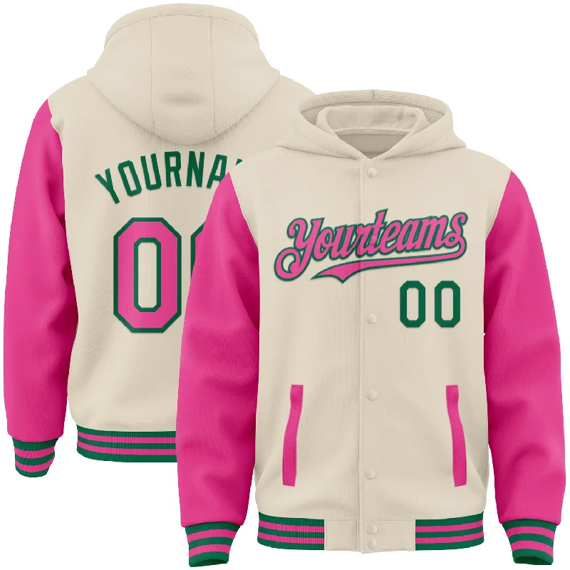 Soft Cotton Hoodie for Comfort All Day-Custom Cream Pink-Kelly Green Bomber Full-Snap Varsity Letterman Two Tone Hoodie Jacket